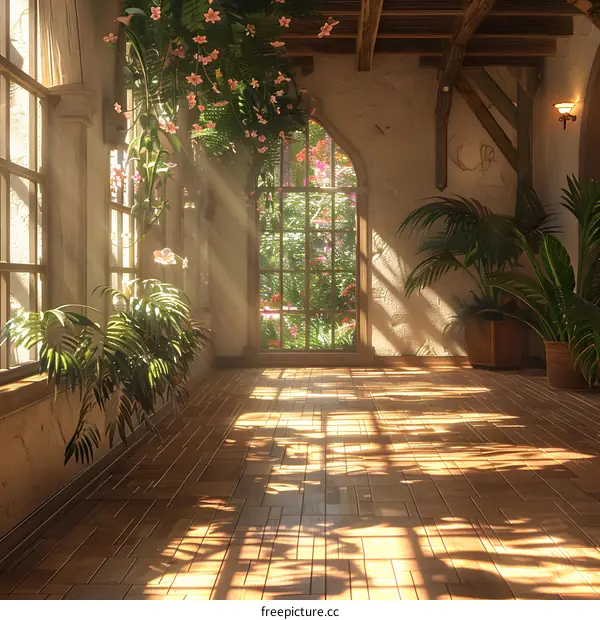 sunlight shining through a large window into a room with plants