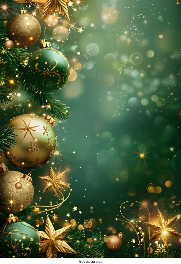 Golden Christmas ornaments and green Christmas tree branches