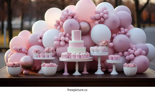 Lavish pink and white balloon garland and floral party decorations