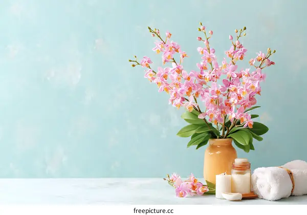 Pink Orchids and Spa Accessories on Light Teal Background