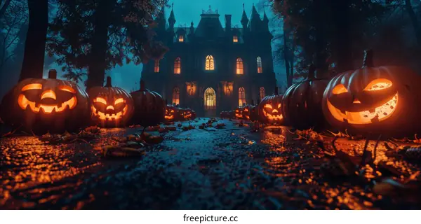 Spooky Halloween with Carved Pumpkins and a Haunted House in the Background
