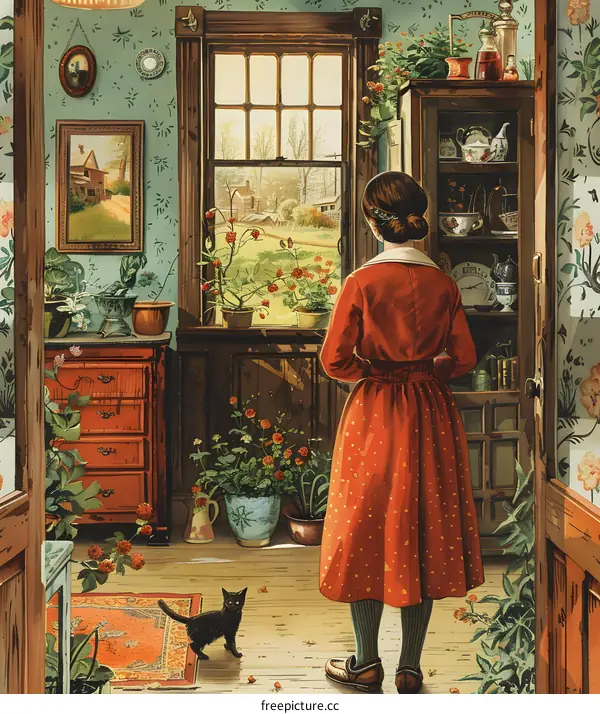 A woman standing in a room with a cat