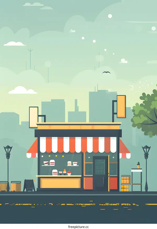 Cityscape With Bakery Shop Flat Design Illustration