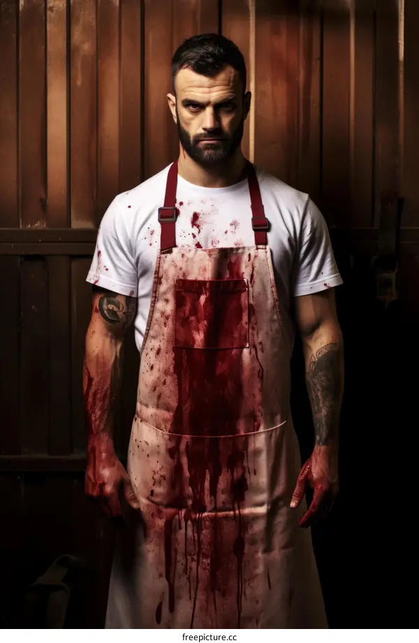 A butcher covered in blood