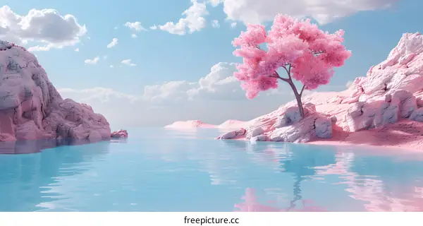 Pink tree by the sea