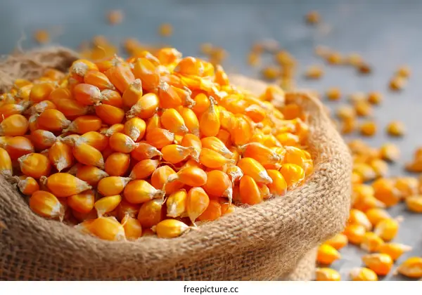 Close Up of Yellow Corn Kernels in a Burlap Sack