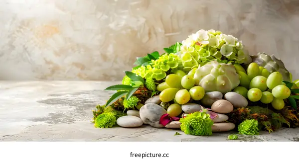Green Flowers and Grapes on Rocks with a Grey Background