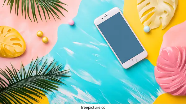 Summer Tropical Phone Background with Palm Leaves and Colorful Objects