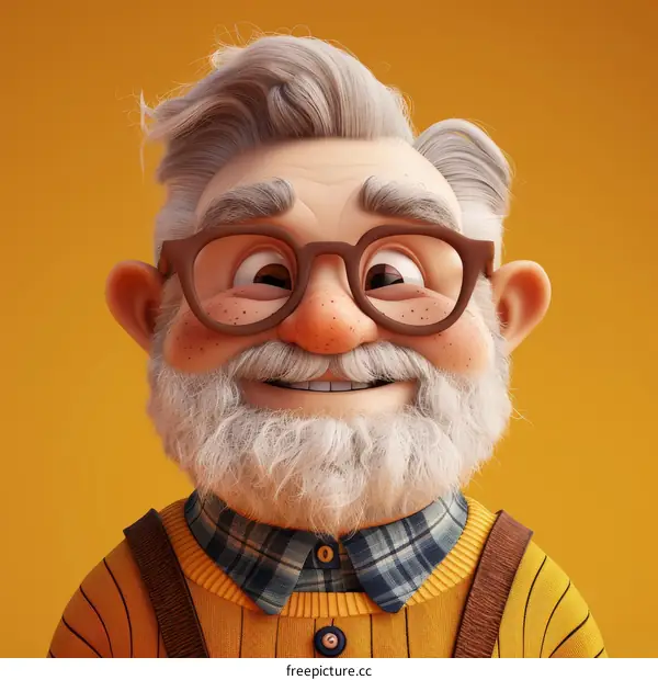 Portrait of a happy old man with white hair and beard wearing glasses and a yellow sweater