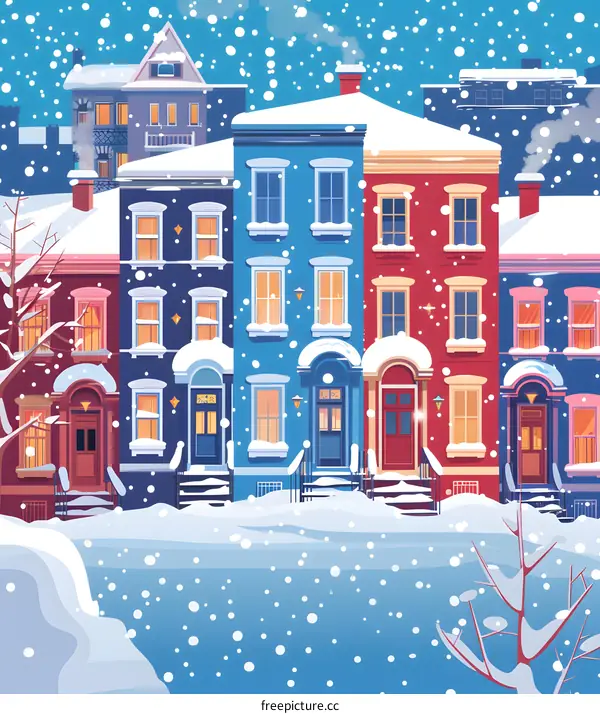 Snowy Winter Day in a Neighborhood of Colorful Houses