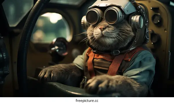 A cat wearing a飛行員帽和護目鏡坐在駕駛艙裡