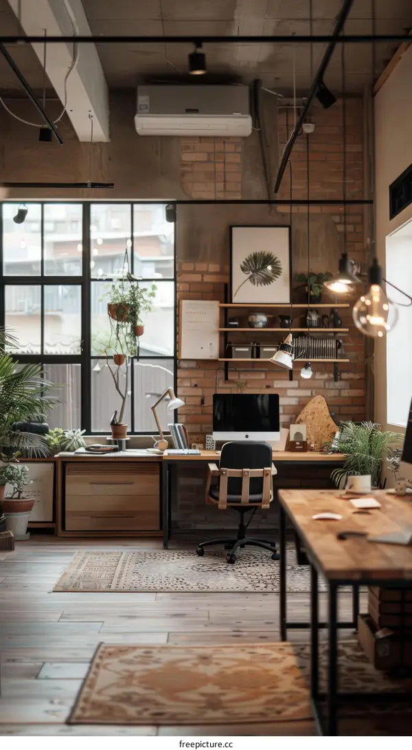 workspace interior design wood floor plants