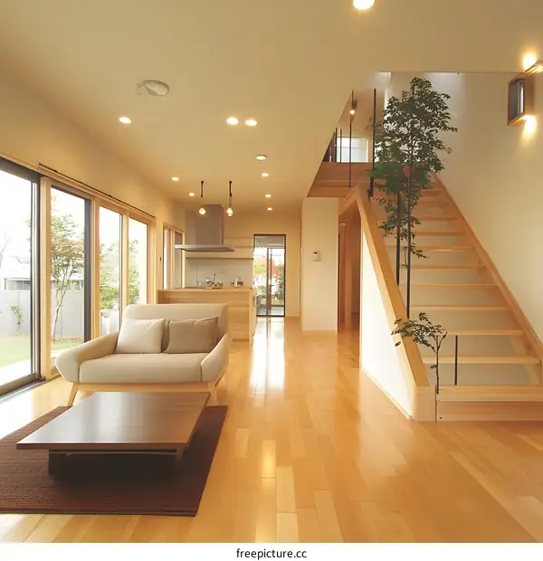 Modern Living Room Interior Design with Wooden Floors and Staircase