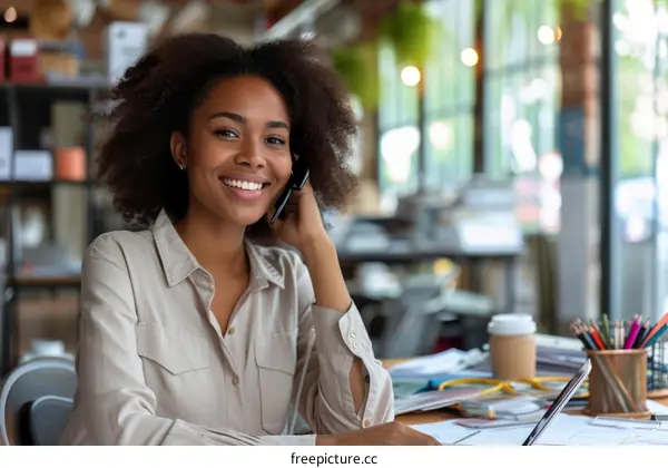 Smiling African American woman talking on the phone in an office