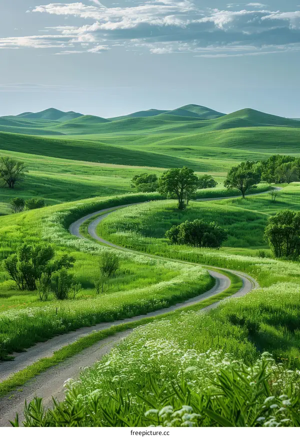 Countryside dirt road through green hills