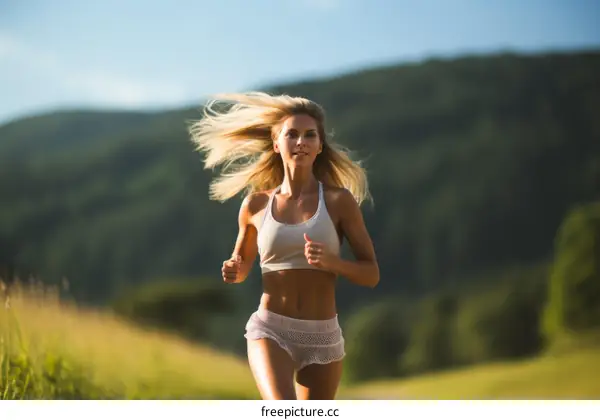 Young blonde woman in white sports bra and white shorts running in a rural setting