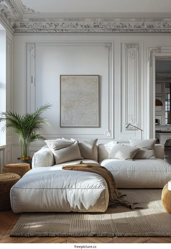 A modern and minimalist living room with a green plant