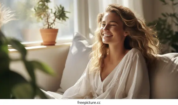 Beautiful Young Woman with Long Blonde Hair Sits on Couch and Smiles