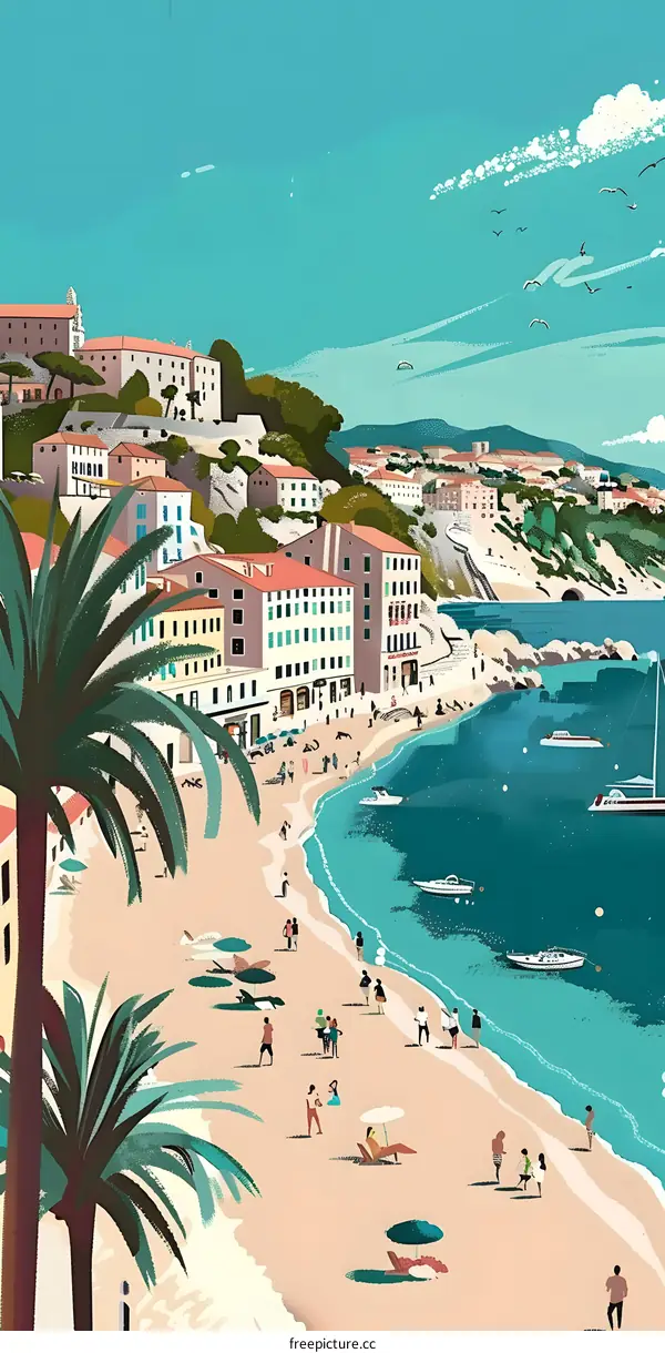 Mediterranean Coastal Town Summer Beach Landscape Illustration