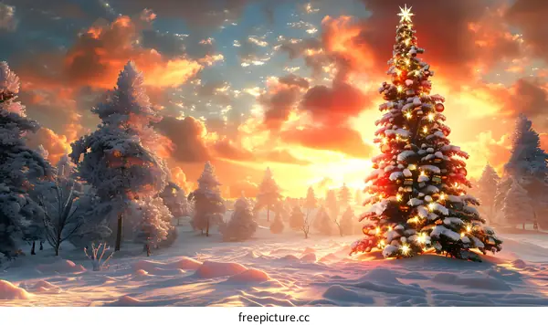 Christmas tree shining in the snow