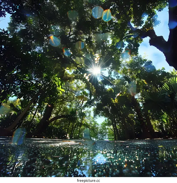 Sunlight shining through the trees in a lush green forest