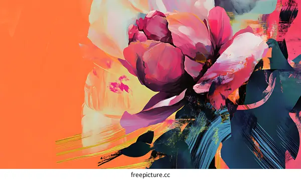 Abstract Painting of Pink Flower with Orange Background