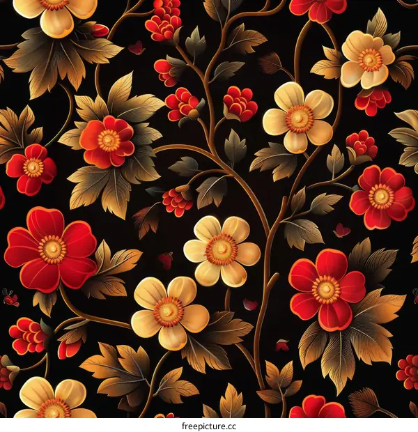Floral Seamless Pattern of Red and Yellow Flowers