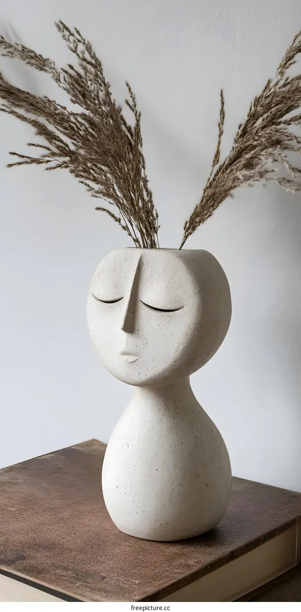 Ceramic Vase with Human Face and Dried Grass