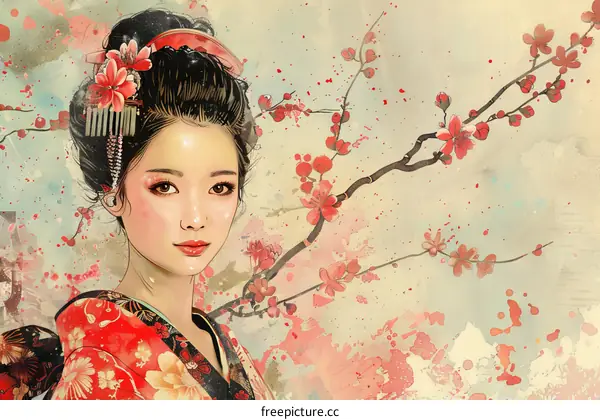 An illustration of a beautiful Japanese woman wearing a kimono with cherry blossoms in the background