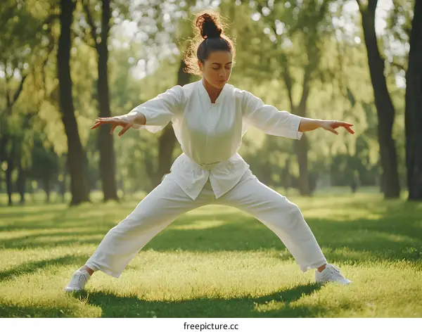 Woman Practicing Tai Chi in the Park