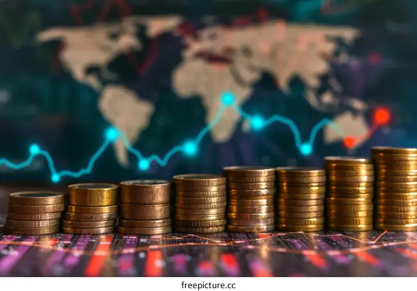 Stacks of coins with a glowing blue circuit board in the background.