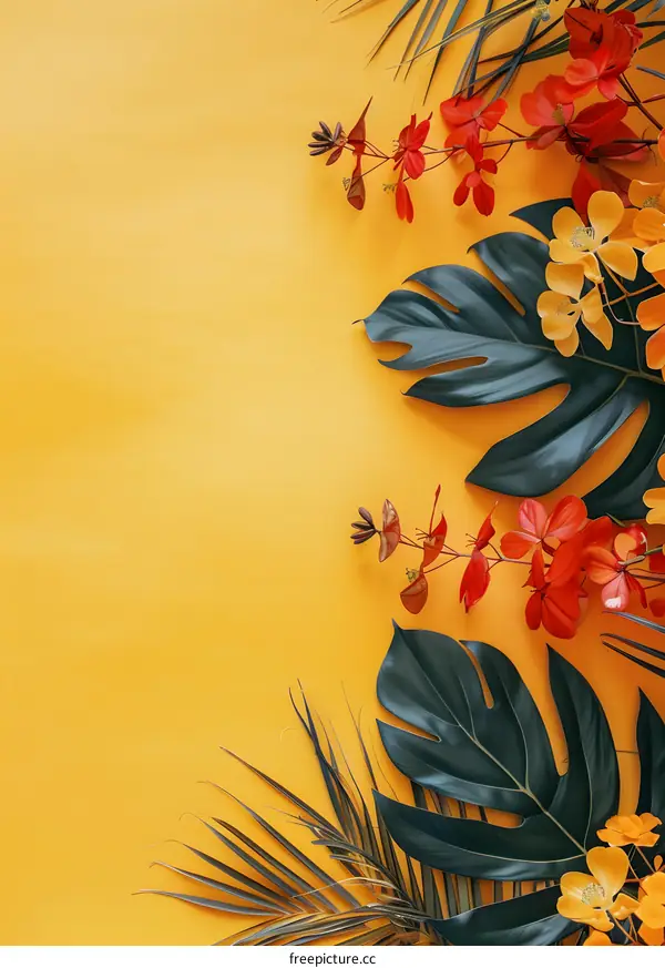 Tropical Leaves and Flowers on Yellow Background