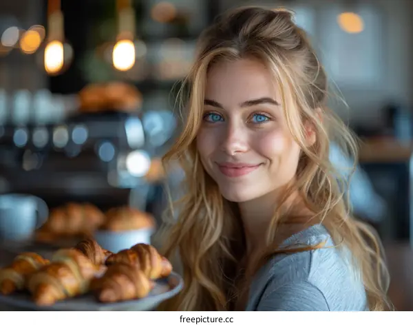 Portrait of a beautiful young woman with blond hair and blue eyes smiling in a coffee shop