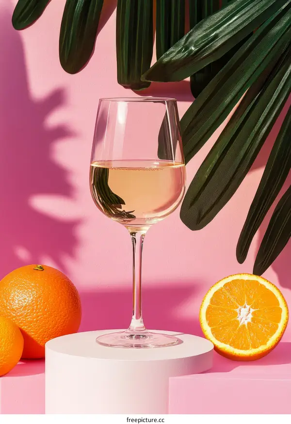 Summer Pink Drink with Fresh Citrus and Tropical Leaves