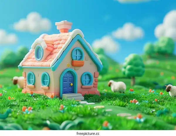 A small house in the middle of a green field