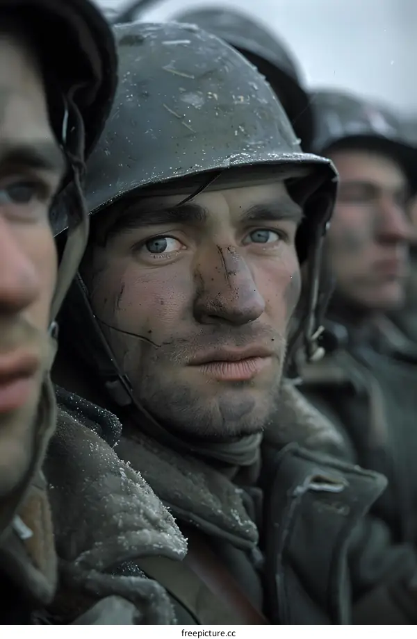 A soldier staring at the camera with a serious look on his face