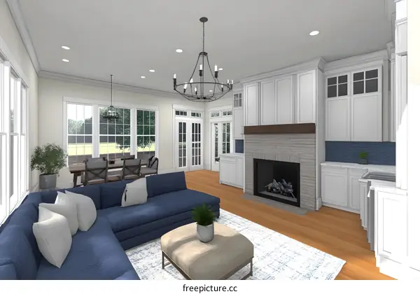 Modern Farmhouse Living Room with Fireplace and Chandelier