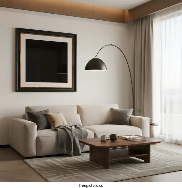 Modern Living Room with Neutral Sofa and Arched Floor Lamp