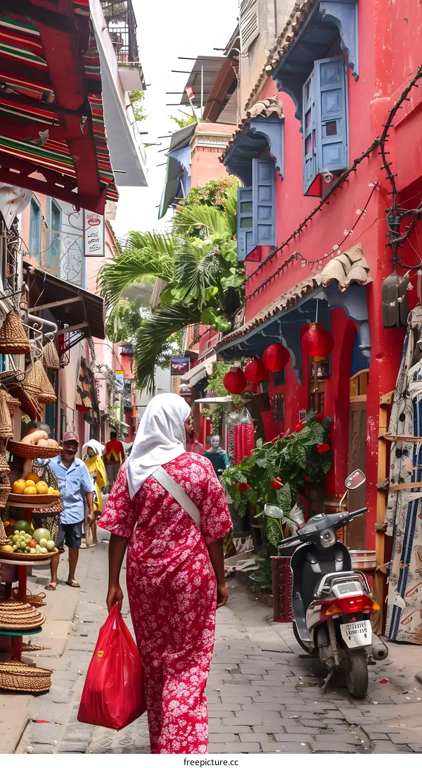 Red Brick Buildings and a Woman in a Red Dress Walking in a Narrow Street