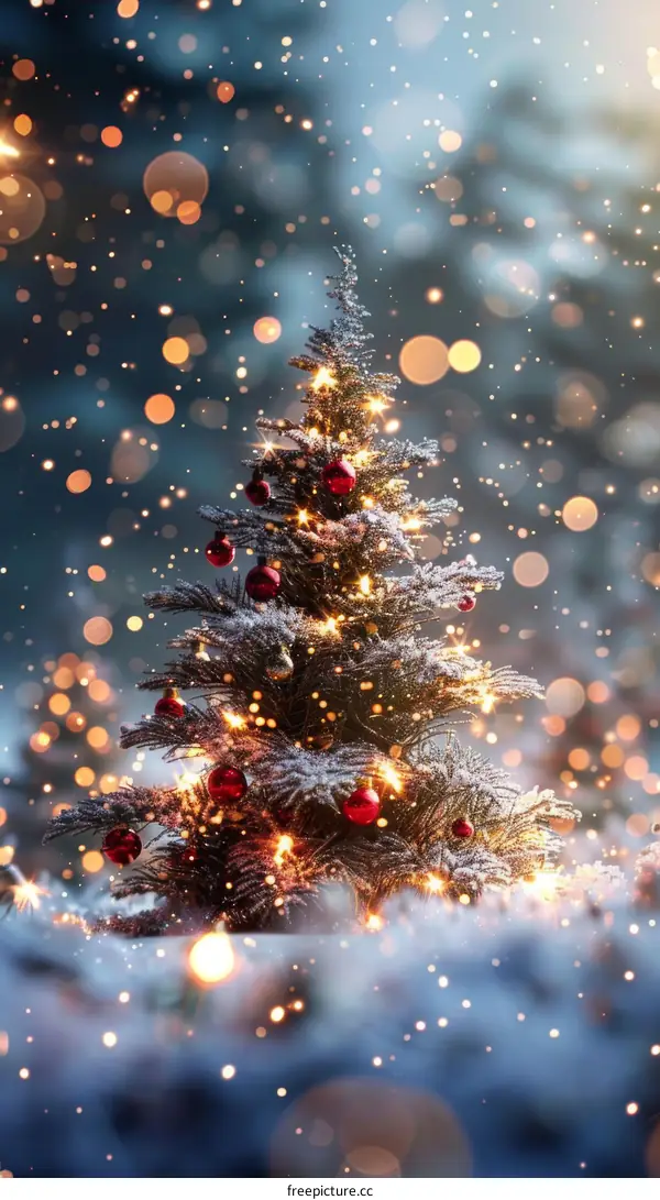 Snowy Christmas Tree with Sparkling Lights