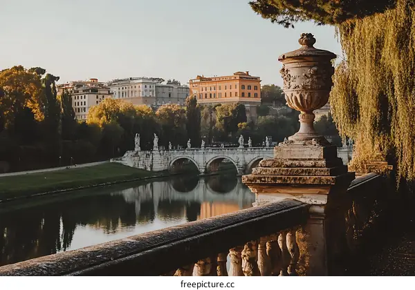 Stone Urn on a Bridge Overlooking River in Rome Italy