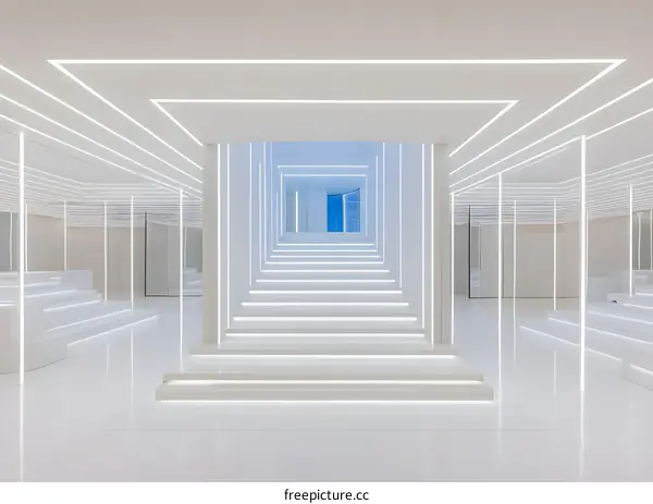 Modern White Interior with Staircase and Neon Lights