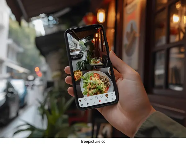 Hand Holding Phone Showing Food Photo on Instagram