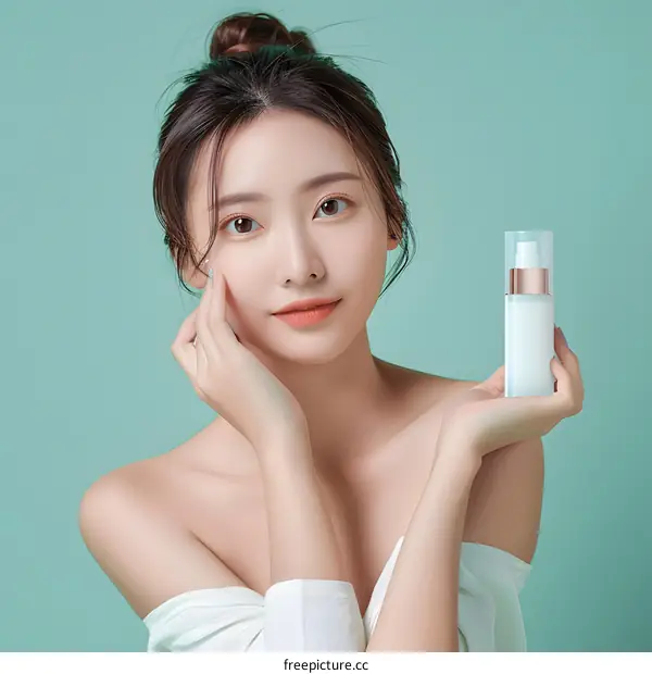 Beautiful Asian Woman Holding Skincare Bottle