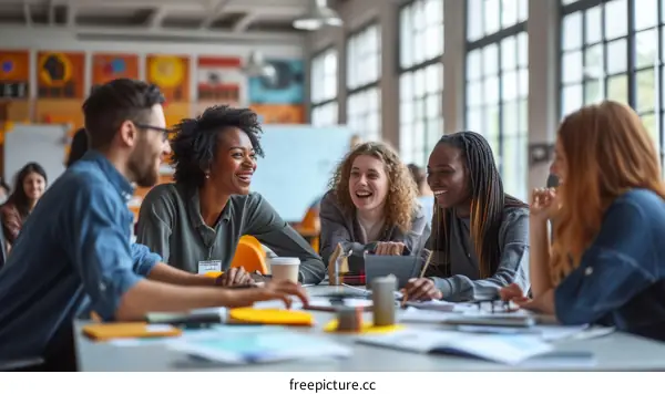 A group of multi-ethnic people are sitting around a table and laughing