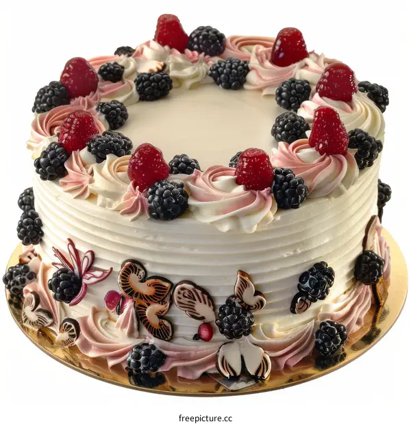 A cake decorated with raspberries and blackberries