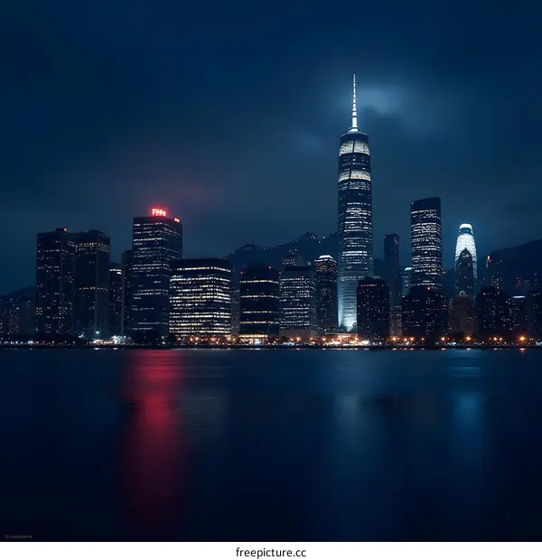 Night View of Skyscrapers with Reflections in Water