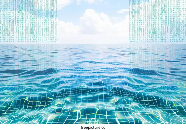 Blue water surface with binary code pattern and bright sky