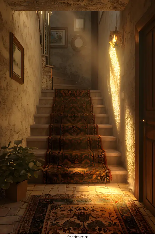 Rustic Stairway with Carpet Runner