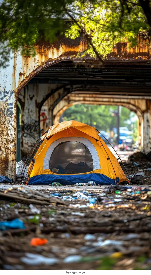 Urban Homeless Tent Underneath Bridge